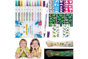 ‎ACEBWHTOY Acebwhtoy Tatoo Stifte Kinder,10 Tattoo Stifte für die Haut,40 temporäre Tattoo Schablonen,31 Leuchtende Dinos Glitter Tattoo Mädchen Boys,Körper Tattoo Marker für Geburtstag,Übernachtungsparty