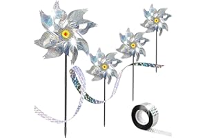 HUANMIN Molinete Reflectante, 4 Piezas Molino de Viento Reflectante, Molinillo de Viento Jardin conViento 50m Cinta Repelente, Repelentes de Pájaros, Repelentes de Molino de Viento