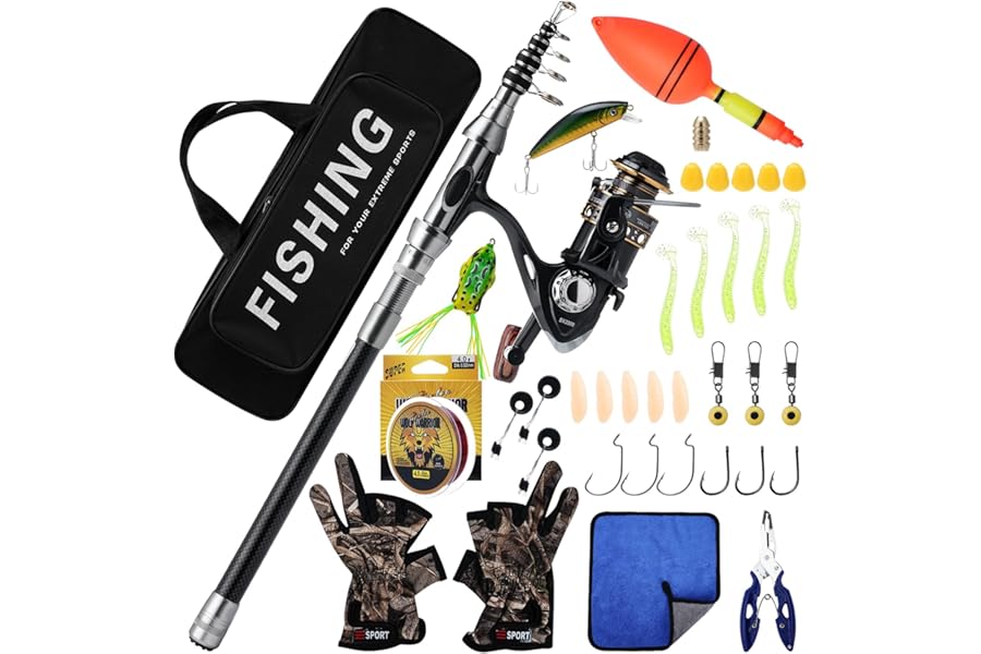 Geegear Telescopic Fishing Rod and Reel Combo Set, 2.1m Metal Fishing Pole Kit with Line, Lures, Carrier Bag, Spinning Rod Reel Combo