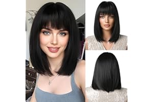 OUFEI Peluca Bob Negra con Flequillo Peluca Corta y Recta para Mujer Pelucas de Pelo Sintético Cosplay Uso Diario de Fiesta