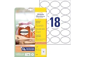 AVERY Zweckform 180 etichette autoadesive per bottiglie (63,5 X 42,3 mm,ovale,adesivo),ideali per barattoli,barattoli di spezie,bottiglie di liquore,fatti in casa,in cucina,art.5087) 10 fogli Bianco