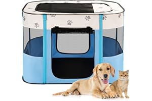 Avont Portable Dog Cat Playpen, Foldable Pop Up Pet Play Pen Travel Crate with Floor and Mesh Door Top for Indoor Outdoor Collapsible Tent Cage -S, Blue