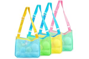 FORHOME 4 pcs Mesh Beach Bag for Toys,Sand Away Tote with Zipper,Shell Net Tote,Net beach bag,Foldable Seashell Collecting Sand Bags, with Adjustable Straps Kids Shell Collection Bag Storage of Shells