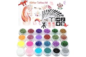 FULFUN Glitter Tattoos Kit -30 Color Temporary Tattoos for Body, Party, Halloween, Birthday, Christmas