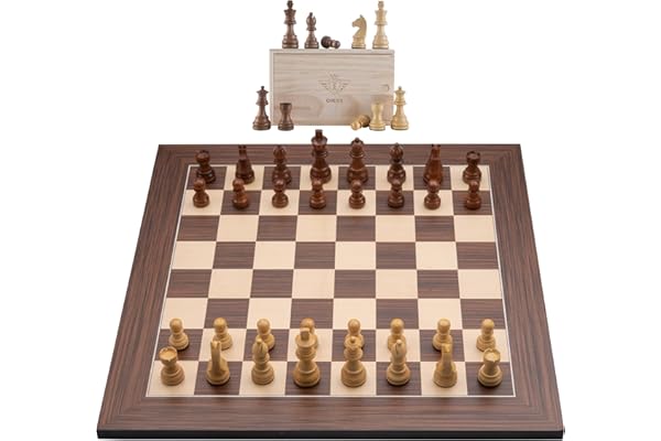 Jeu d’Échecs en Bois 40 x 40 cm, Échiquier Marron Marqueté en Érable et Noyer, Pièces Sculptées Lestées Feutrées, Roi 76 mm, Coffret avec Rangement, Engelhart - 170491