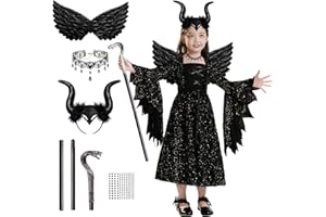 GEEKEO Déguisement Halloween Fille, 6 Pièces Costume Maléfique Halloween Enfant, Méchante Sorciere Robe avec Diadème Cornu et Ailes Noires pour Mardi Gras Halloween Cosplay Carnival Soirée