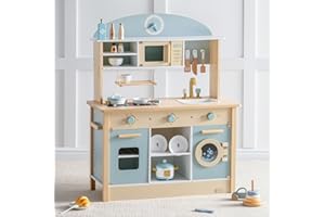ROBUD Drewniana kuchnia do zabawy dla dzieci i małych dzieci, akcesoria kuchenne dla lalek z kuchenką mikrofalową, pralką, szybkowarem do ryżu, naczyniami | prezenty od 3 lat