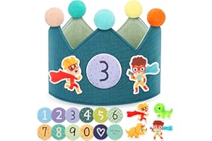 POOTACK Geburtstagskrone Mädchen & Junge, Musselin Geburtstag Krone Zweifarbig, 12 Klett Button mit Zahlen, Geburtstagskrone Mädchen mit Filzdekorationen - Party Deko für den Kindergeburtstag