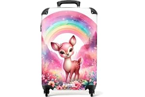 NoBoringSuitcases.com Kinderkoffer, Kinderkoffer Mädchen, Koffer Kinder, Hartschalenkoffer, Kinder Reisekoffer, Kindertrolley Mädchen, Kinder Koffer, Handgepäck 55x40x20 cm (Rehkitz - Regenbogen)
