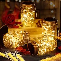 Confezione da 6 barattoli di vetro a energia solare, 20 luci a LED, con 6 grucce, lanterne a energia solare, per matrimoni, decorazioni natalizie, bicchieri non inclusi, colore bianco