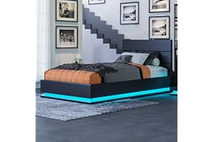 BESTWANTED Gas Lift Ottoman Storage Bed,4FT6 Double Bed Frame with Storage, Ottoman Bed with LED Lights, Faux Leather, Black