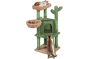 Yaheetech Árbol Rascador para Gatos Verde Cactus 42,5x42,5x106,5cm Torre para Gato Árbol para Mascota Estable de Varios Niveles con Canasta Verde y Marrón