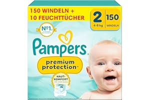 ‎PAMPERS Pampers Premium Protection Größe 2, Windeln, 4kg-8kg, Doppelter Schutz für die Haut und vor Auslaufen +10 Stück Pampers Aqua Baby-Feuchttücher enthalten