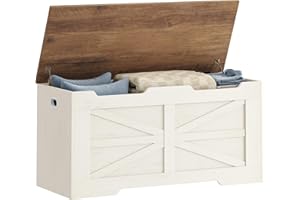 Hzuaneri Storage Chest, Storage Bench, Wooden Blanket Box Trunk with 2 Hinge, Lift-Top Organizer Chest, Shoe Bench for Hallway, Bedroom, Living Room, 40 x 100 x 48 cm, White and Brown SB03414X