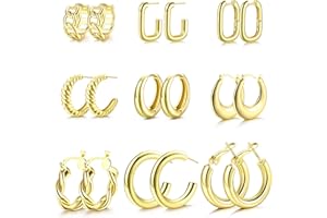 JeweBella 9 Paires Créoles Or Femme Boucles d'Oreilles Créoles Epaisses Hypoallergénique Boucles d'Oreilles Rondes Ouvertes Torsadées Ensemble de Grosses Créoles pour Femmes Filles