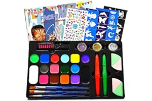 ABSUPER Palette de Maquillage Enfants, 16 Couleurs, avec brosses Paillettes éponges Pochoirs Autocollant Professionelle Gesichtsfarbe Schminke Geschenk für Maskerade Halloween Fasching Weihnachten