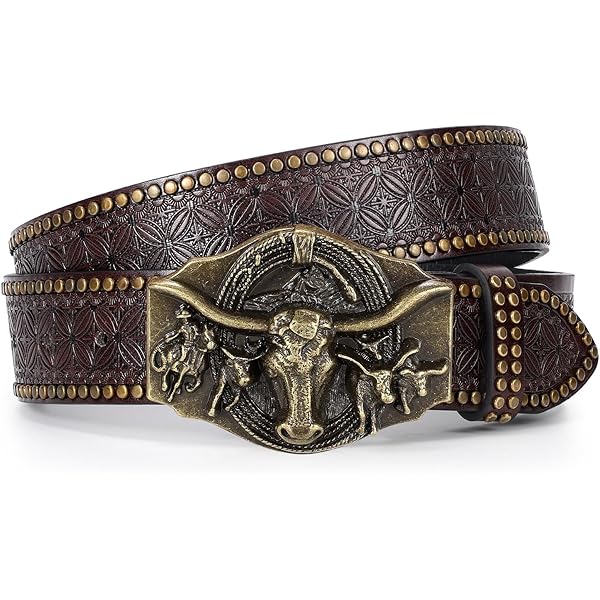 Eohak Cintura da cowboy, da uomo, stile western, con motivo a toro, fibbia floreale, adatta per vita da 63,5 a 96,5 cm, Marrone, Fit Waist 25-30 in Eohak Cintura da cowboy, da uomo, stile western, con motivo a toro, fibbia floreale, adatta per vita da 63,5 a 96,5 cm, Marrone, Fit Waist 25-30 in