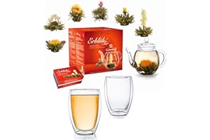 Creano Mieszanka kwiatów herbacianych - zestaw upominkowy herbata kwitnąca ze szklanym dzbankiem i 2 szklankami termicznymi 250 ml - biała herbata (w 6 rodzajach)