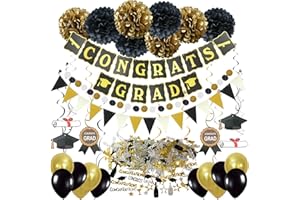 ZERODECO Graduation Decorations, Black and Gold Congrats Grad Banner Paper Pompoms Hanging Swirls Graduation Confetti Paper Garland Party Balloons for Grad Party Decoration Supplies