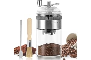 Moongiantgo Macinacaffè Manuale Acciaio Inossidabile & Vetro, con Fresa in Ceramica Conica Regolabile di 5 Livelli, con Cucchiaio & Pennello ​| Goditi il Caffè Appena Macinato Sempre e Ovunque
