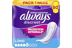 Always Discreet, 80 Serviettes Hygiéniques Incontinence Femme, Long 5 Gouttes, Protection Absorbante pour Fuites Urinaires Importantes, Pack 1 Mois