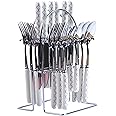 MGeezz Stainless Steel Spoons, Forks & Knives Set of 24 with Stand and Ceramic Handle (Block Print)