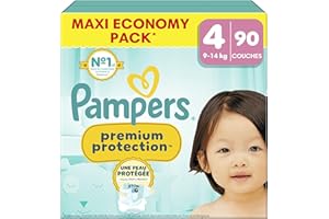 Pampers Premium Protection Taille 4, 90 Couches, 9kg-14kg, Double Protection Pour La Peau Et Contre Les Fuites