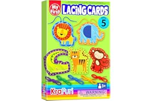 KRAFUN Safari Animal Lacing Card Kit for Kids Ages 3-8, 5 Beginner Arts & Crafts Projects with Lion, Monkey, Elephant, Instructions, Preschool Fine Motor Skills Toy, Educational Gift