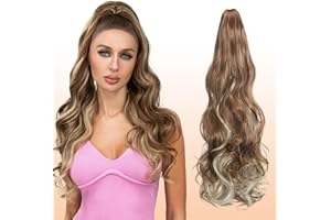 Webshaiy Ponytail Extension Pferdeschwanz Haarteil, Lange Wellig Pferdeschwanz Zopf Extension Synthetik Haarverlängerung Claw Clip in Haarteil Ponytail für Damen 55cm Hellbraune & Blonde Highlights