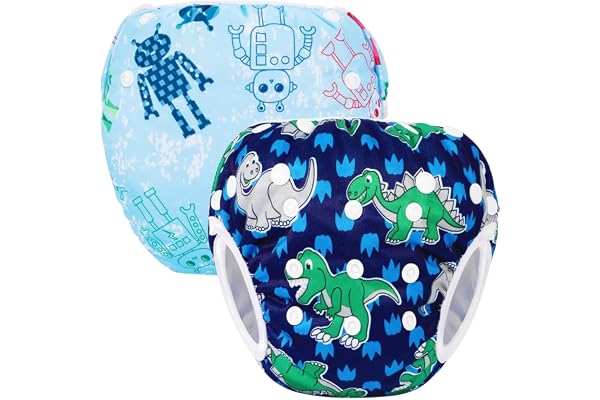 PHOGARY Bébé Couche de Bain (2 pièces), Bébé Réutilisable Couches Lavables, Ajustable Anti-fuite Imperméable Etanche Pantalon de Couche pour Bébé Garçon de 0 à 3 ans(Robot, dinosaure)