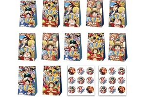 NDZYDXW 12PCS Bolsas de ONNE PIIECE Regalo, con 18 Pegatinas de ONNE PIIECE,Bolsas de Papel para Fiesta Infantiles,Bolsas Dulces, Bolsas Kraft para Fiesta Celebraciones,Cumpleaños,Halloween,Navidad