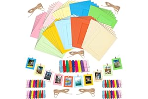 Tanstic 105Pcs 7 Inch 10 Colors Paper Picture Frames Kit with Wooden Clips and String, Cardboard Picture Frames DIY Cardboard Photo Hanging Display Paper Photo Frame Cards Gallery Frames