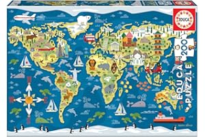 Educa - Mapamundi, Sean Sims, Puzzle Infantil de 200 Piezas, Medida aproximada una Vez montado 40 x 28 cm, Compuesto por Grandes Piezas Perfectamente acabadas, A Partir de 6 años (19292)