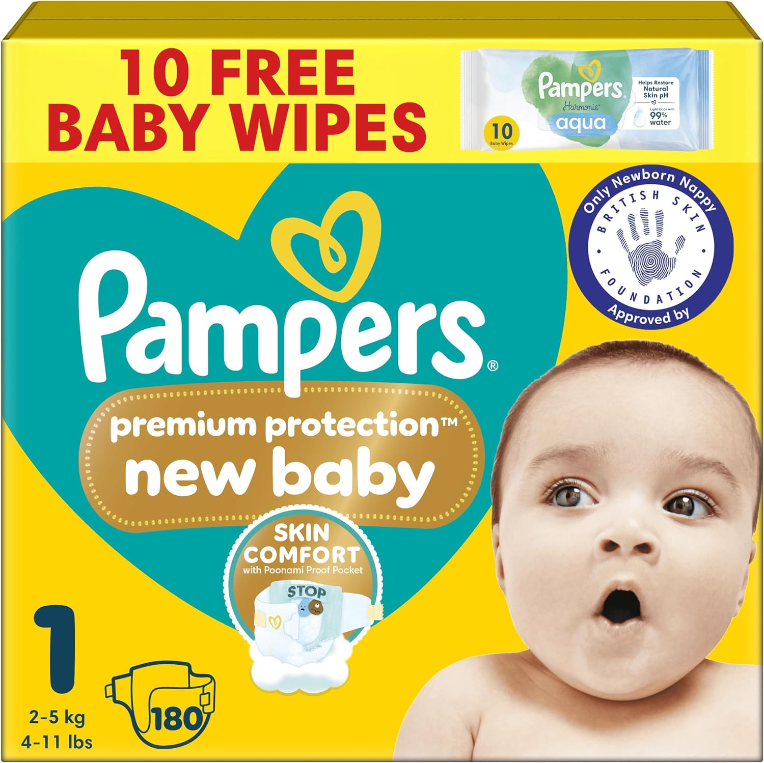 Pampers Premium Protection New Baby Size 1, 180 Nappies, 2kg-5kg, Monthly Pack, The Only Newborn Nappy Approved by British Skin Foundation