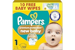 Pampers Premium Protection New Baby Size 1, 180 Nappies, 2kg-5kg, Monthly Pack, The Only Newborn Nappy Approved by British Skin Foundation
