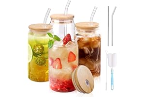 DONGSHANGIFT Szklane kubki z pokrywkami i słomkami, 4 szt., 473 ml, szklanki do picia z bambusową pokrywką i słomką, szklanka do piwa z pokrywkami i słomką, szklanki do kawy mrożonej, zestaw szklanych