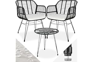 TecTake® Conjunto Jardín Exterior de Ratán y Acero para 2 Personas, Muebles Jardín Exterior Resistentes a Intemperie, 2 Sillas con Cojines (Fundas Extraíbles), 1 Mesa con Cristal - Natural