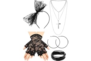 Blulu 80s Fancy Dress Costume Accessories Lace Headband Earrings Fishnet Gloves Necklace Bracelet for 80s Retro Party
