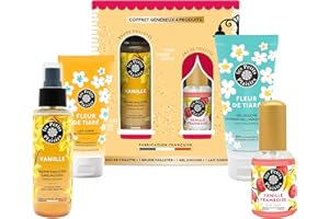 Coffret Cadeau Les Petits Plaisirs – Le Village des Senteurs Vanille Framboise – Eau de toilette 30ml, Brume pailletée, Gel douche & Lait corps – Fabriqué en France