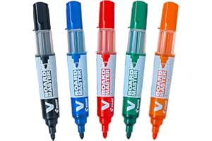 PILOT - Caja de 5 V-Board Master - Rotuladores pizarra blanca - Tinta borrado en seco - Recargable con tinta líquida colores intensos - Begreen - Negro, Azul, Rojo, Verde, Naranja - Punta Media