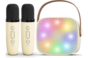VOIJUMP Mini Karaoke Machine for Kids Adults,Portable Bluetooth Speaker with 2 Wireless Microphones,MP3 Music Player for Girls Boys 3-11,12+ Years Old,Gifts for Family Home Birthday Party (Beige)