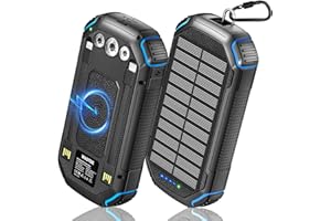 WASTDE Wireless Solar Powerbank 26800 mAh mit 3 Kabeln, Solar Powerbank USB-C 15 W Schnelles Aufladen 4 Ausgänge 3 Eingänge für Handy, Solar Ladegerät Outdoor Externer Akku mit Taschenlampe