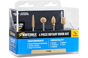 Kutzall 4-Piece Rotary Burr Kit - 1⁄8" Shaft, Fine - Woodworking Attachment for Dremel, Foredom, Ryobi, DeWalt, Milwaukee Tools - Structured Tungsten Carbide