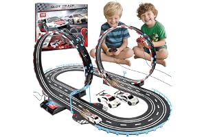 JONRRYIN Bilbana elektrisk slot bil för barn, 1:43 motorväg racerbana bil leksak 2 platser bilar tillbehör elektrisk racerbana, elektrisk racerbil set presenter för flickor pojkar 6–12
