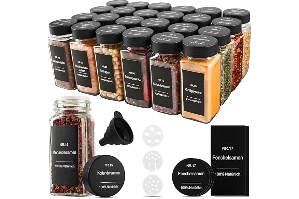 Kvadratiska kryddburkar, set om 24 – 120 ml med etiketter och ströinsatser