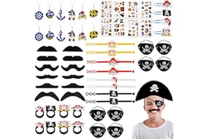 JOYUE 60 PCS Anniversaire Pirate Cadeau, Bracelets, Porte Clés, Tatouage Enfant, Signet, Eye Patch, Faux Moustache pour Fête des Pirates, Pinata Fillers