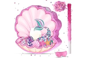 FACCITO Pinata di Conchiglia con Sirena per Festa di Compleanno Ragazza, Pinata a Tema Mare con Bastone Pinata, Benda sugli Occhi e Coriandoli per Decorazioni di Compleanno a Sirena