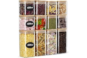 Do-Electr Set di 12 Barattoli in Vetro, 430ml/600ml Barattoli di Cucina in Vetro con Coperchio in Bambù - Lavabile in Lavastoviglie per Biscotti, Pasta, Cereali, Caffè, Spezie, Caramelle