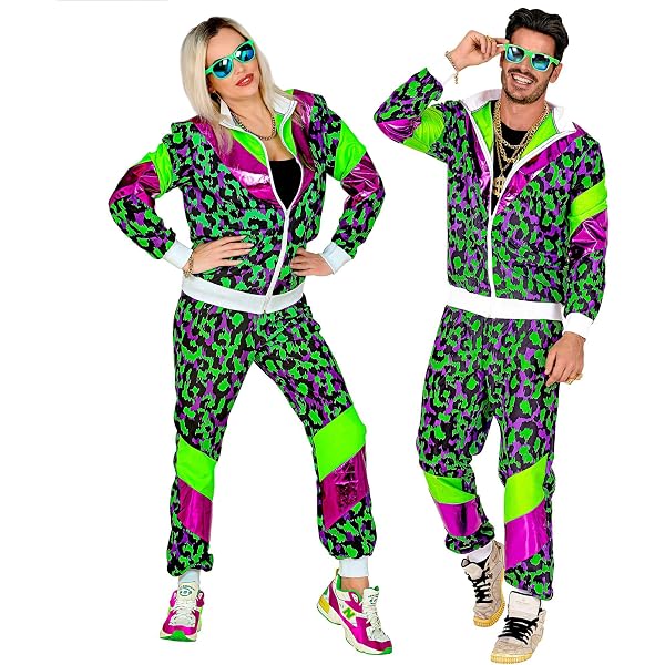 Widmann Milano – Costume Survêtement Années 80 Noir – Rayures Rose & Vert Menthe – Bad Taste, Déguisement Fun