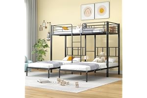 KECDUEY Letto tripla a castello con scaletta per bambini e ragazzi, letto in ferro con griglia e tavolo, colore: nero